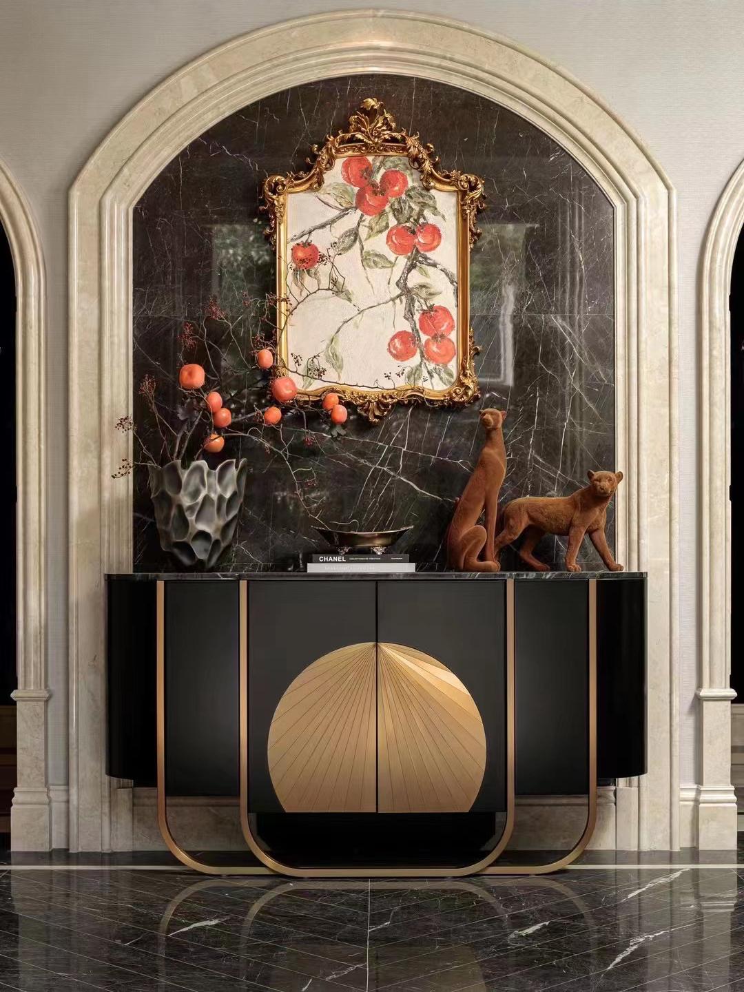 Formal salon — velvet seating and brass tables